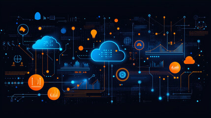 Obraz premium A background showcasing digital transformation with a cloud rising against a technological backdrop, symbolizing innovation and modernity. 