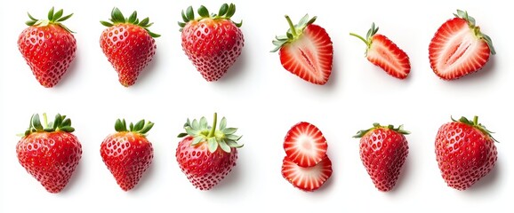 Fresh red strawberries isolated on white background, whole and sliced.