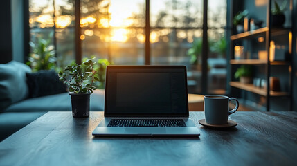 A clean, modern workspace setup with a laptop, coffee cup, and minimalist decor, designed for productivity and comfort, creating a stylish and functional working environment.