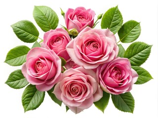 Beautiful Pink Roses with Lush Green Leaves Cut Out for Floral Arrangements and Design Projects