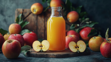 Freshly pressed apple juice in glass bottle surrounded by apples