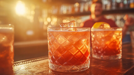 Refreshing iced cocktails on wooden bar table during sunset in outdoor setting