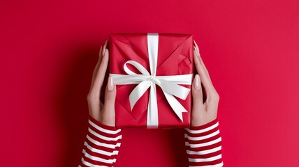 A photo of a pair of hands gently holding a red gift box with a white ribbon against a vibrant red background. The gift box is wrapped with red paper and ai generated