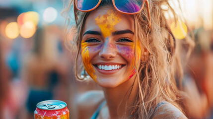 Smiling woman with colorful face paint enjoying outdoor festival at sunset