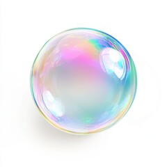 A single iridescent soap bubble with rainbow reflections isolated on a white background.