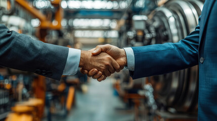Business handshake in industrial plant setting, symbolizing partnership and collaboration