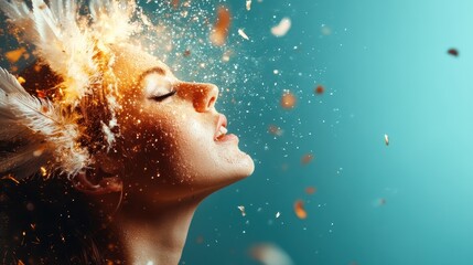 A captivating image portraying a woman shrouded in vibrant feathers and a burst of golden sparks, illustrating the exhilaration, freedom, and artistry of life.