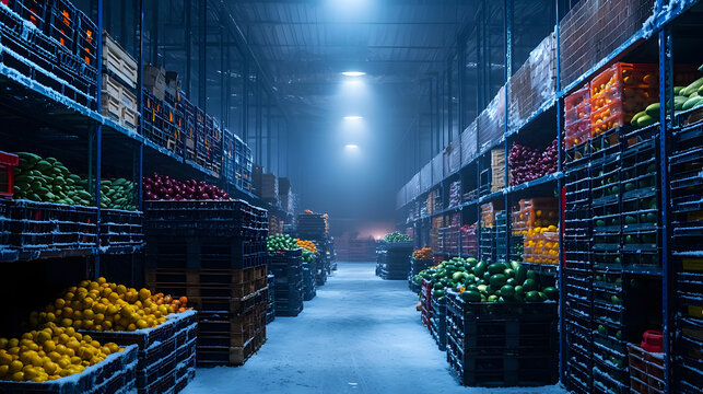 cold storage warehouse filled with stacked crates of fresh fruits and vegetables, showcasing vibrant colors and organized shelving. atmosphere is cool and industrial