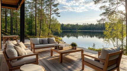 Fototapeta premium Cozy Outdoor Lounge Area with Scenic Lake View and Trees