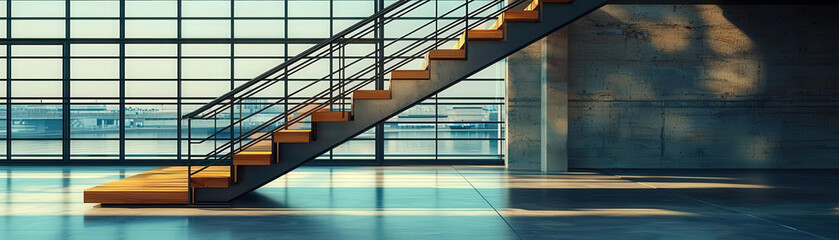 Fototapeta premium Modern staircase in industrial space with large windows and natural light