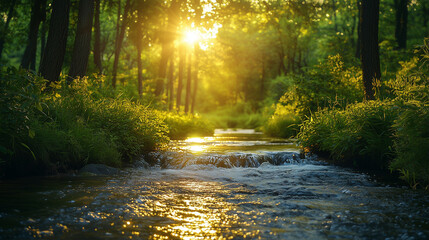Obraz premium A serene natural landscape featuring a gently flowing river surrounded by trees, with soft sunlight filtering through, creating a peaceful and calming atmosphere.