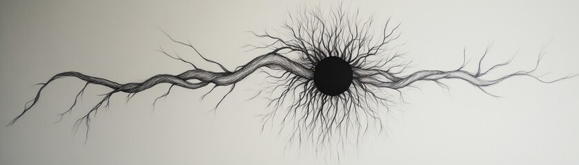 Obraz premium Abstract artwork featuring a black circle with branching lines resembling roots or veins.