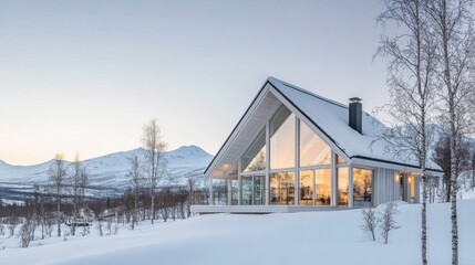 Modern Snowy Mountain House Surrounded by Winter Landscape