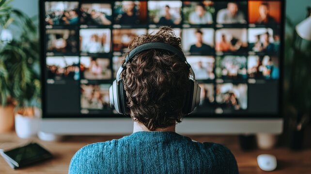 Person attending a virtual meeting on a large screen with headphones.