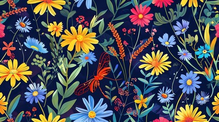 Fototapeta premium A seamless pattern of flowers and dragonflies on a dark blue background.