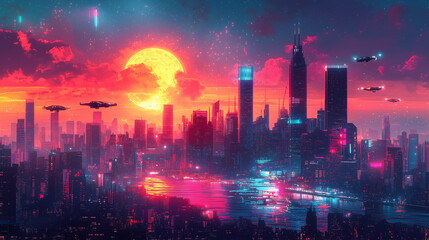 Fototapeta premium A stunning illustration of a futuristic city with flying drones soaring above skyscrapers, set against a vibrant sunset backdrop. The scene blends technology and nature, creating a sci-fi atmosphere.
