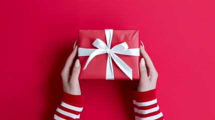 A photo of a pair of hands gently holding a red gift box with a white ribbon against a vibrant red background. The gift box is wrapped with red paper and ai generated
