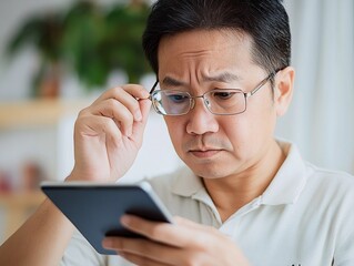 senior asian man holding eyeglasses having problem with vision problem trying to read text on mobile phone
