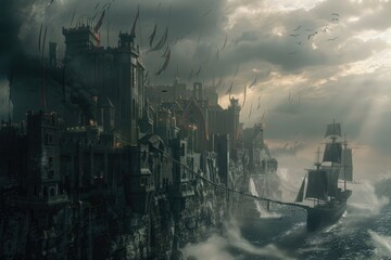A Dark and Stormy Sea with a Fortified City Built on a Cliff