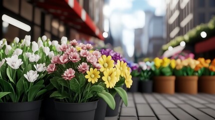 Fototapeta premium A vibrant array of colorful flowers in pots adds charm to a bustling city street, showcasing nature's beauty amidst urban life.