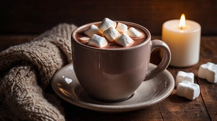 A mug of hot chocolate with marshmallows on a wooden table