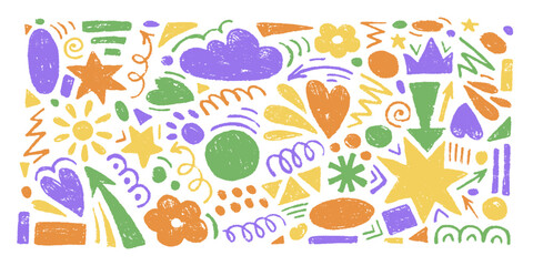 Naklejka premium Hand drawn set of colorful charcoal abstract shapes. Vector collection of contemporary texture figure in doodle style. Design elements perfect for banner, print, stickers, decor