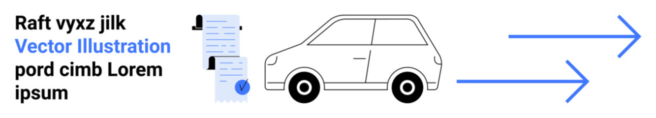 Car beside document and arrows pointing forward. Ideal for transportation, logistics, productivity, navigation, progress, delivery, time management themes. Landing page