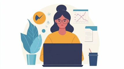 Professional woman analyzing financial graphs on a laptop, focused trading, remote work, business finance.