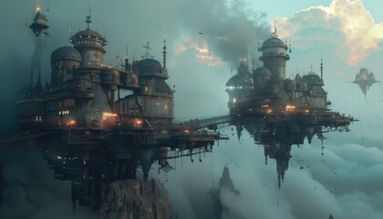 Two Connected Floating Cities in a Misty Sky