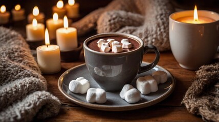 A mug of hot chocolate with marshmallows on a wooden table