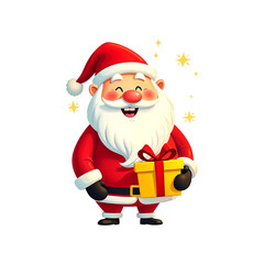 Fototapeta premium cartoon drawn Santa Claus with gift box isolated on transparent background. Santa png. Christmas. New year
