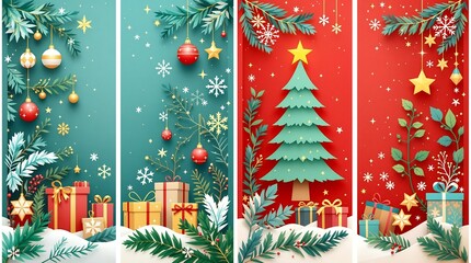 Naklejka premium A variety of Christmas card & banner collection. Collection color postcards with christmas tree, decoration, snowman, ball, various xmas elements and decorations.