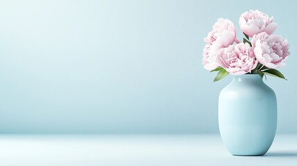 Obraz premium A serene arrangement of pink peonies in a light blue vase against a soft blue background, creating a calming and elegant aesthetic.