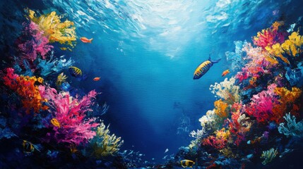 Naklejka premium Coral reef underwater, vibrant and colorful, fish swimming around, deep blue ocean, delicate and intricate details, marine life, natural wonder, exotic beauty