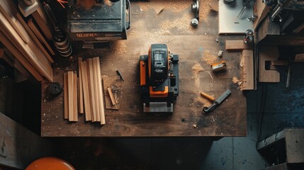 A top-down view of a router resting on a workbench, with wood pieces nearby. The focus is on the router's design and features.