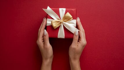 A photo of a pair of hands gently holding a red gift box with a white ribbon against a vibrant red background. The gift box is wrapped with red paper and ai generated