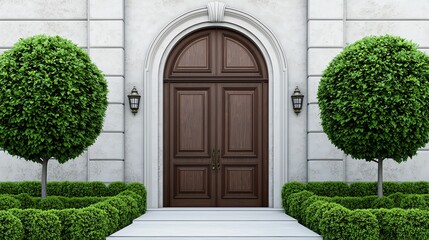 A stylish entrance featuring a large wooden door, flanked by neatly trimmed round hedges and decorative wall lanterns.