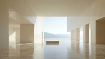 Obraz premium A serene, minimalist architectural space with expansive views and natural light.
