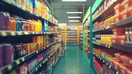 Fototapeta premium Aisle in grocery store, colorful products on shelves, organized and bright, high detail, shopping vibe, modern retail scene, 4K