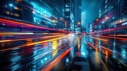 Dynamic cityscape with futuristic buildings, light trails from passing cars, neon reflections on wet asphalt, cyberpunk energy, vibrant and colorful night.