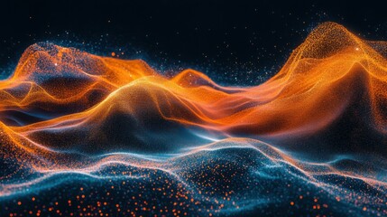 Fototapeta premium a dynamic abstract image of a wave beneath the surface, featuring radiant orange light and fluid motion lines, rendered in a pointillist style with colorful bursts and luminous effects.