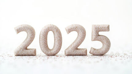 Textured 2025 numbers on white background. New Year celebration, festive banner, holiday campaign concept.