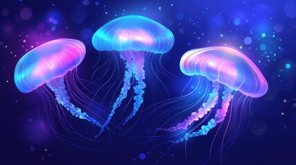 glowing jellyfish swimming in dark ocean water, neon colors, soft light filtering through, bioluminescent effect, calm and realistic