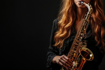 Obraz premium Portrait of jazz musician woman holding classic saxophone and handheld mic, passionately performing a tune against a black background. Concept of jazz music and performance