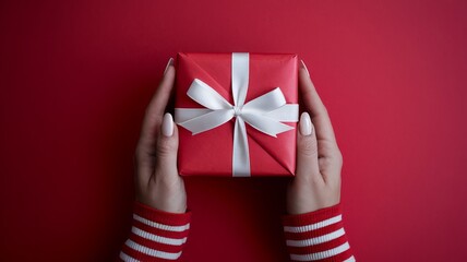 A photo of a pair of hands gently holding a red gift box with a white ribbon against a vibrant red background. The gift box is wrapped with red paper and ai generated