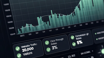 A digital analytics dashboard displaying website traffic, click-through rates, and conversion metrics with a sleek, modern design.