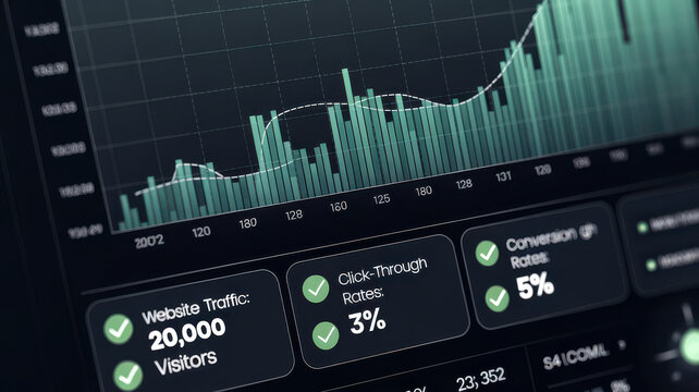 A digital analytics dashboard displaying website traffic, click-through rates, and conversion metrics with a sleek, modern design.