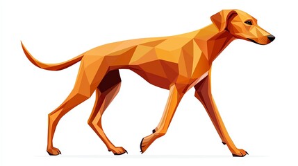 A stylized, geometric illustration of an orange dog walking gracefully, showcasing a modern art design with sharp angles and vibrant color.