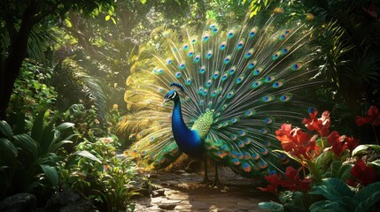 Obraz premium Majestic Peacock Displaying Colorful Feathers in a Tropical Garden