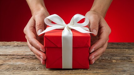 A photo of a pair of hands gently holding a red gift box with a white ribbon against a vibrant red background. The gift box is wrapped with red paper and ai generated